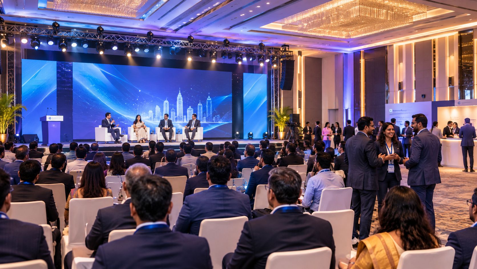 Professional corporate event management featuring a branded stage, LED screens, business conference and audience in India.